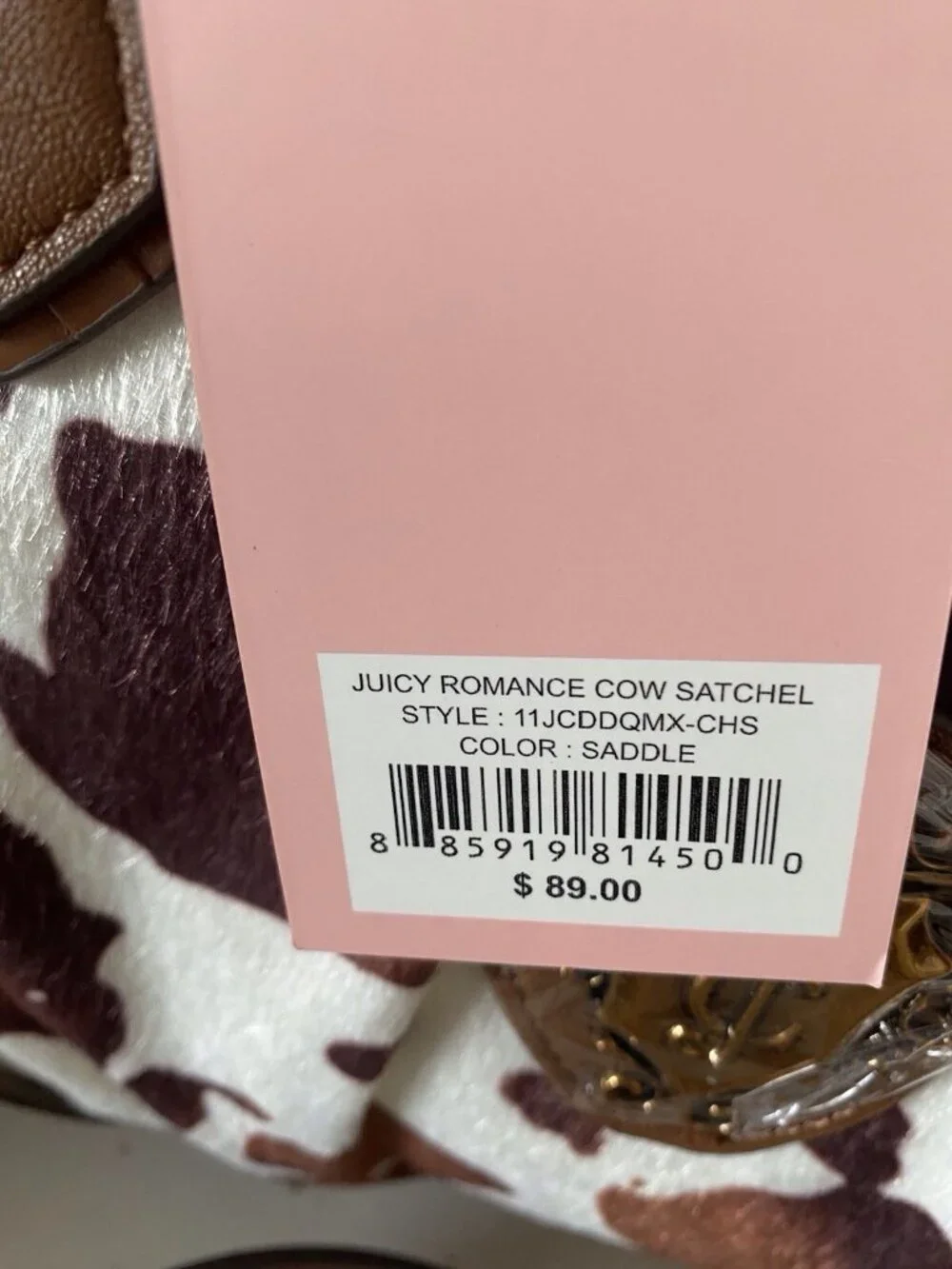 Juicy Couture Romance Cow Print Satchel In‎ Saddle Brown W/Charm Viral NEW